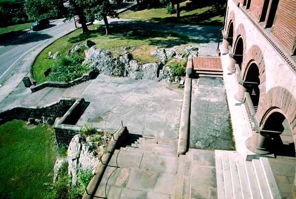 An overhead view of the Frederick Law Olmsted designed terraced staircase at Oakes Ames Memorial Hall 